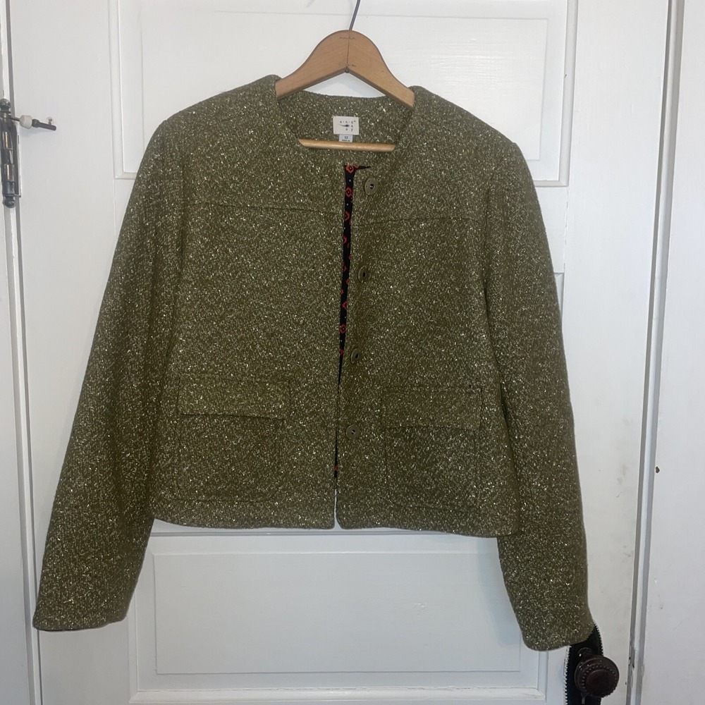 A.NEW.DAY Size 12 Short Waist Coat Olive Green With Gold Flecks